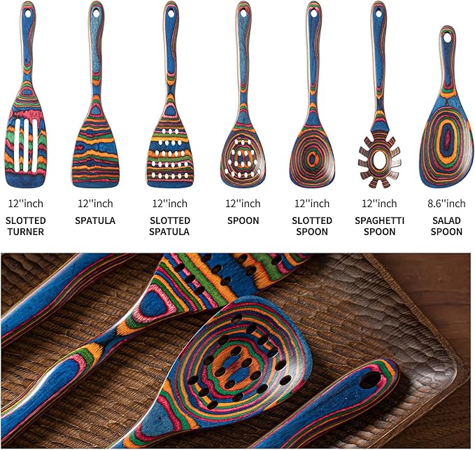 Gudamaye Pakka wood 7-Piece Blue Wooden Cooking Utensils, Wooden Spoons - Image 3