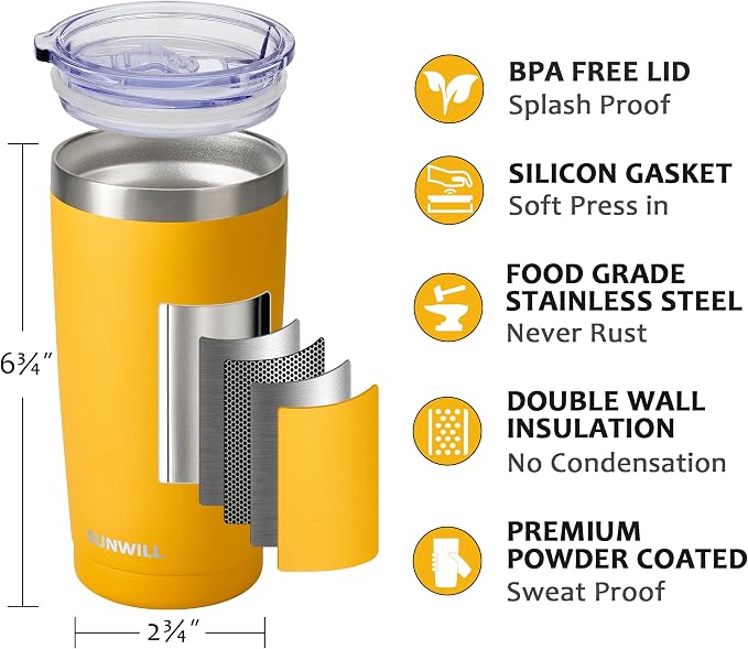 SUNWILL Travel Coffee Tumbler 20 oz, Insulated Mug with Lid, Stainless Steel Cup for Hot and Cold Drinks, Powder Coated Yellow - Image 2