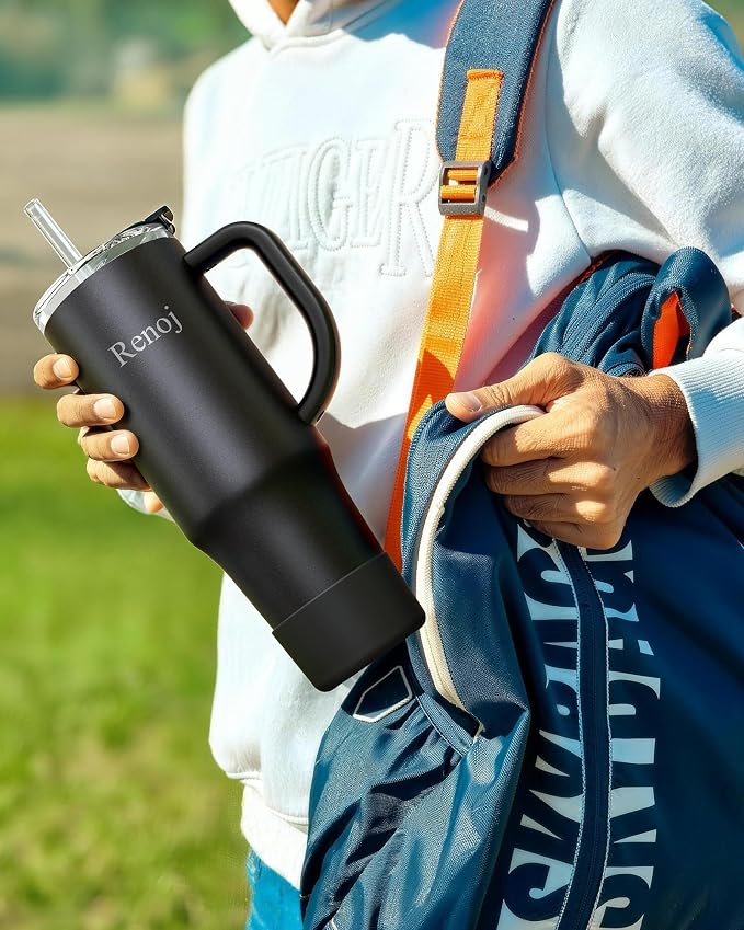 Renoj Insulated Mug 100% Leak Proof Insulated Water Bottle for Iced Coffee & Hot Drinks - Fits Car Cup Holder, Ideal Gift, 2 Straws & Silicone Boot - SnapShift Black 32 oz - Image 5