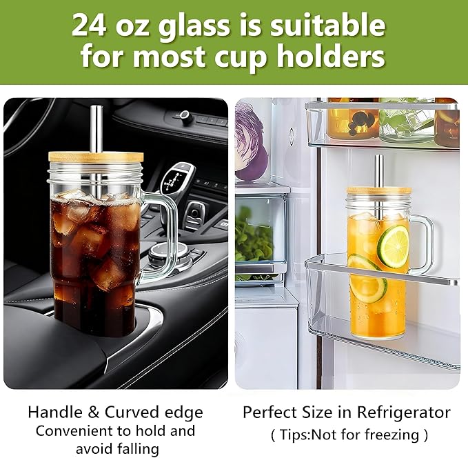 Birity 24oz Glass Cups with Lids and Straws,Glass Tumbler with Handle,2 set–Reusable Glass Ice Coffee Cups with Lid and Straw for Smoothies,Tea,Juice,Boba Cup for Cold & Hot Drinks,Travel Cup - Image 4