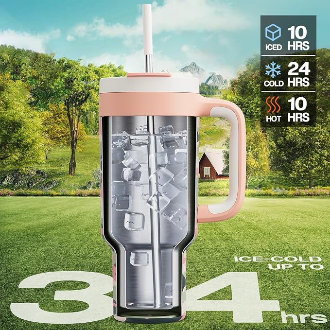 40 oz Camo Tumbler with Handle, 2-in-1 Straw and Sip Lid, Leakproof, Dishwasher Safe, Insulated Stainless Steel Travel Coffee Mug, Keeps Cold for 34 Hours, Fits in Car Cup Holder (Rose Dappled) - Image 2