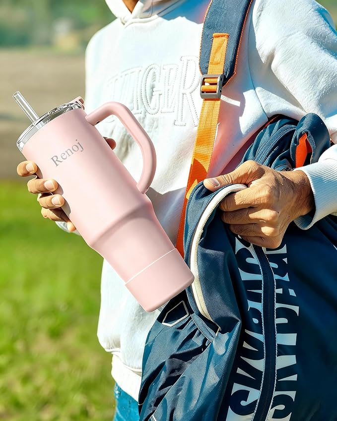 Renoj Insulated Mug 100% Leak Proof Insulated Water Bottle for Iced Coffee & Hot Drinks - Fits Car Cup Holder, Ideal Gift, 2 Straws & Silicone Boot - SnapShift Light Pink 40 oz - Image 3