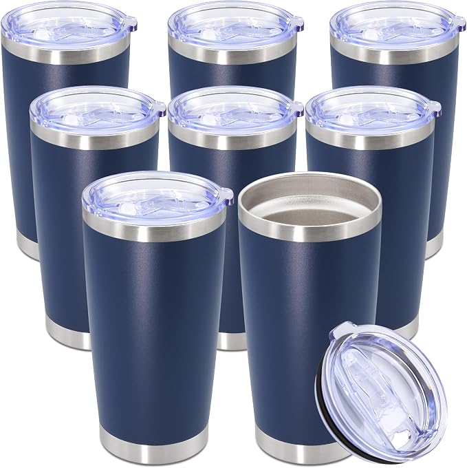 20oz Tumbler Bulk Stainless Steel Tumbler Cup with Lid Vacuum Insulated Double Wall Travel Mug, Durable Powder Coated Travel Coffee Tumbler Mug for Hot & Cold Drinks, Navy,8 Pack by AUWBON