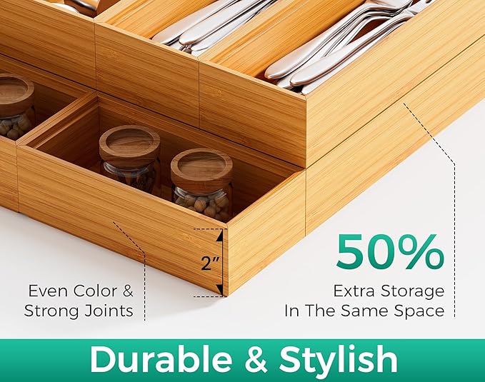 Bamboo Kitchen Drawer Organizer Boxes – 12" x 6" Stackable Wood Silverware - Image 5