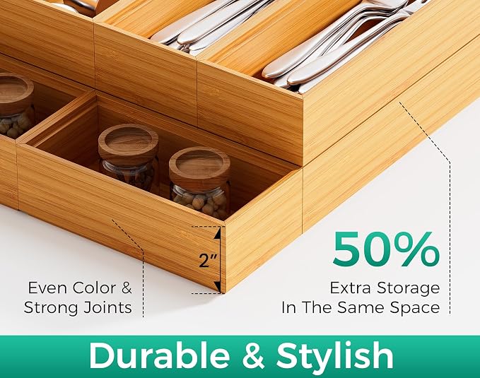 Long Bamboo Kitchen Drawer Organizer Boxes – 17" x 6" Stackable Wood Silverware - Image 4