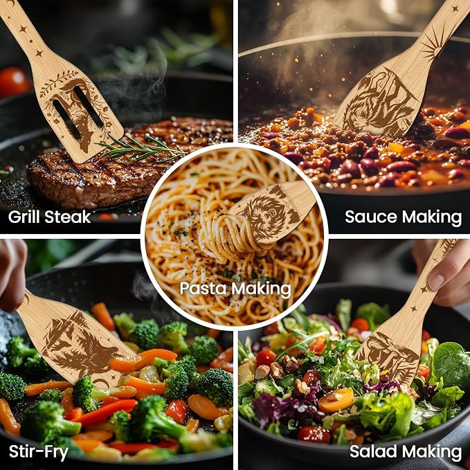 CUTHOLLOW 6PCS Wolves and Forest Wooden Kitchen Cooking Utensil Set, 11.9in Non - Image 4