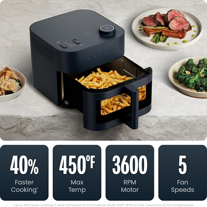 Chefman Crispinator Air Fryer 6-in-1 with 8 Qt capacity, 450°F Max Temp with TurboFry Pro Technology for Fast and Even Results, Viewing Window, Nonstick Ceramic Basket - Image 4