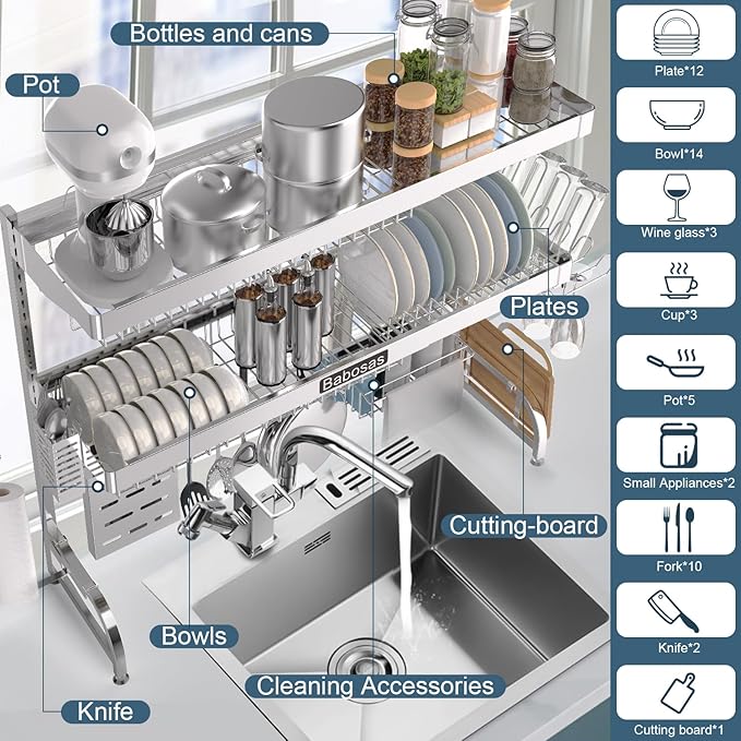 Over The Sink Dish Drying Rack, 3 Tier Adjustable Length Full Stainless Steel - Image 3