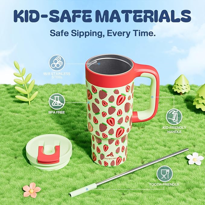 24 oz Metal Tumbler Cup for Girls: Easy Grip Handle, Leak-Proof when Sealed, Easy to Clean, Double Wall Vacuum Cup for Home, School, Daycare, Party, Picnic, Hiking, Travel, Gift (Strawberry Pop) - Image 5