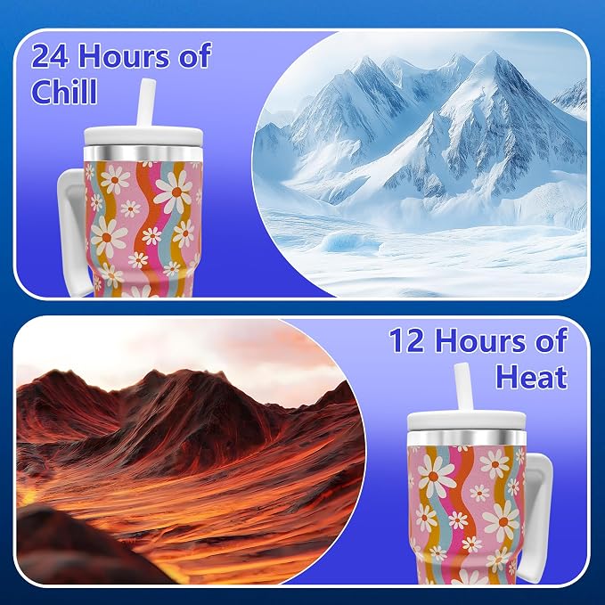 2PCS 20-OZ Insulated Water Bottle,Insulated Stainless Steel Tumbler,Reusable Cold Drink Thermos,BPA-Free, Double-Wall Stainless Steel Water Bottle (Pink-Rainbow Flowers, 20, Fluid Ounces) - Image 7