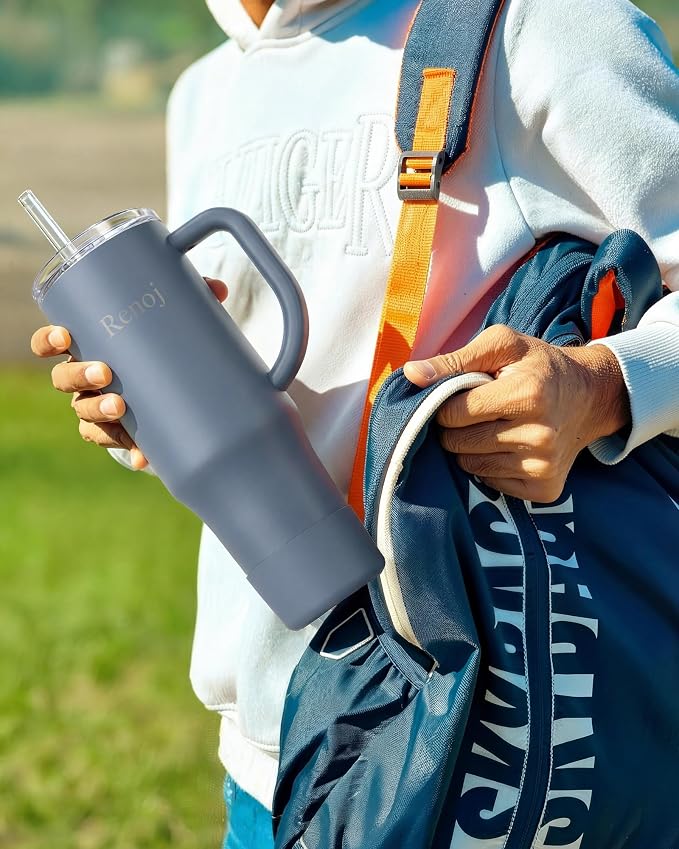 Renoj Insulated Mug 100% Spill Resistant Insulated Water Bottle for Iced Coffee & Hot Drinks - Fits Car Cup Holder, Ideal Gift, 2 Straws & Silicone Boot - FlexSlide Navy Blue 40 oz - Image 3
