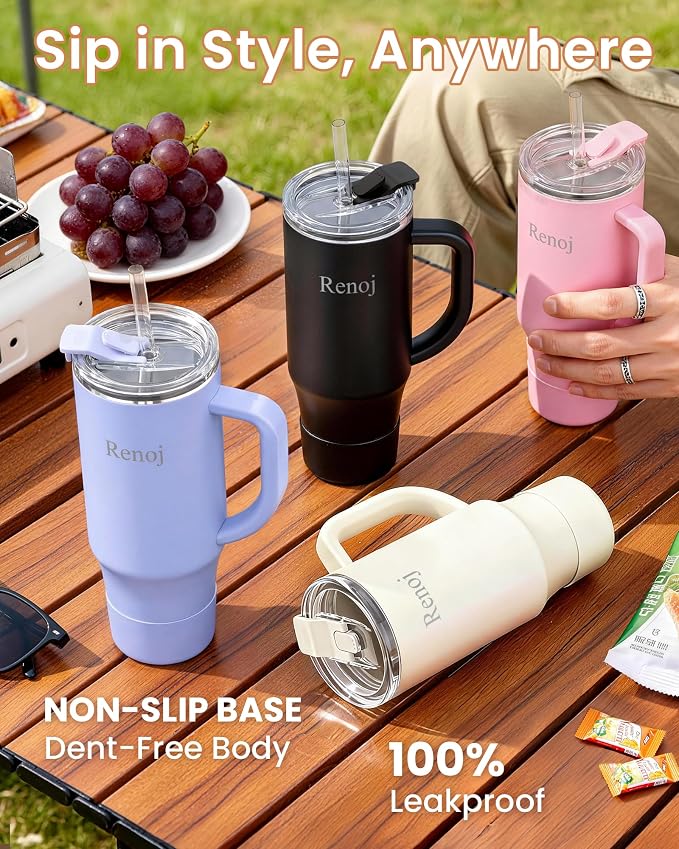Renoj Insulated Mug 100% Leak Proof Insulated Water Bottle for Iced Coffee & Hot Drinks - Fits Car Cup Holder, Ideal Gift, 2 Straws & Silicone Boot - SnapShift Blue 32 oz - Image 7
