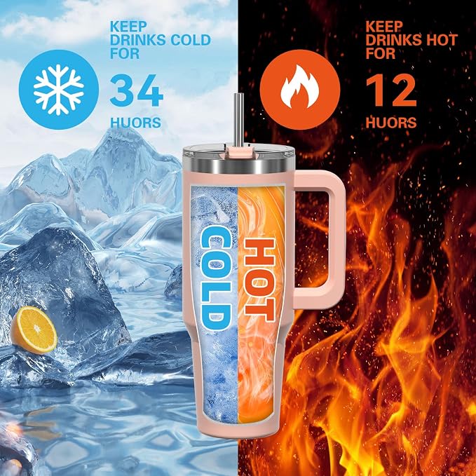 40 oz Tumbler with Handle,Tumbler with Lid and Straw,Double Wall Insulated Cup Stainless Steel Travel Mug(Cold for 34 Hours),Water Bottle for Iced Tea,Coffee,Cold Beverages(Pink) - Image 2