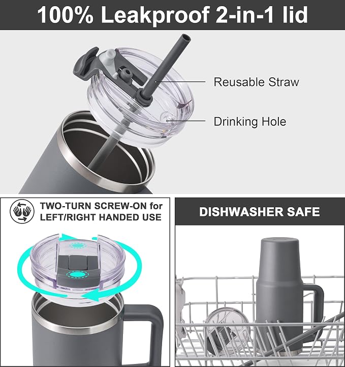 SUNWILL Travel Coffee Mug with Lid, 30 oz Tumbler with Handle and Straw Leak Proof, Stainless Steel Cup Insulated for Office & Camping, Cupholder Friendly, Powder Coated Charcoal - Image 4