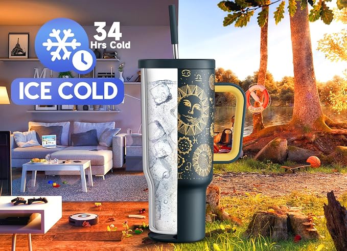 Meoky 40 oz Tumbler with Handle and Straw, Tumbler with Lid and Straw, Insulated Stainless Steel Travel Mug, 100% Leak-proof, Keeps Cold for 34 Hours or Hot for 10 Hours (Tarot) - Image 2