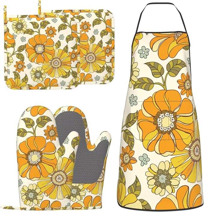 Retro 70s Style Flower Oven Mitts Pot Holders Cooking Apron Set of 5 Silicone by Unknown