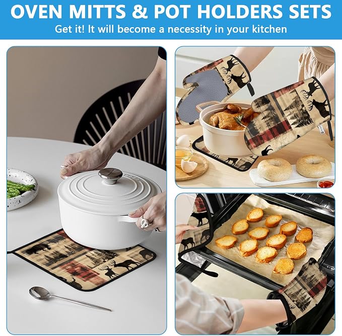 Deer and Bear Oven Mitts and Pot Holders Sets Heat Resistant 4Pcs Wild Animal - Image 6