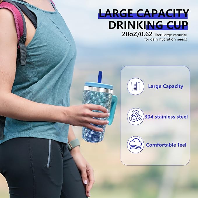 2PCS 20-OZ Insulated Water Bottle,Insulated Stainless Steel Tumbler,Reusable Cold Drink Thermos,BPA-Free, Double-Wall Stainless Steel Water Bottle (Royal Blue - Diamonds, 20, Fluid Ounces) - Image 4
