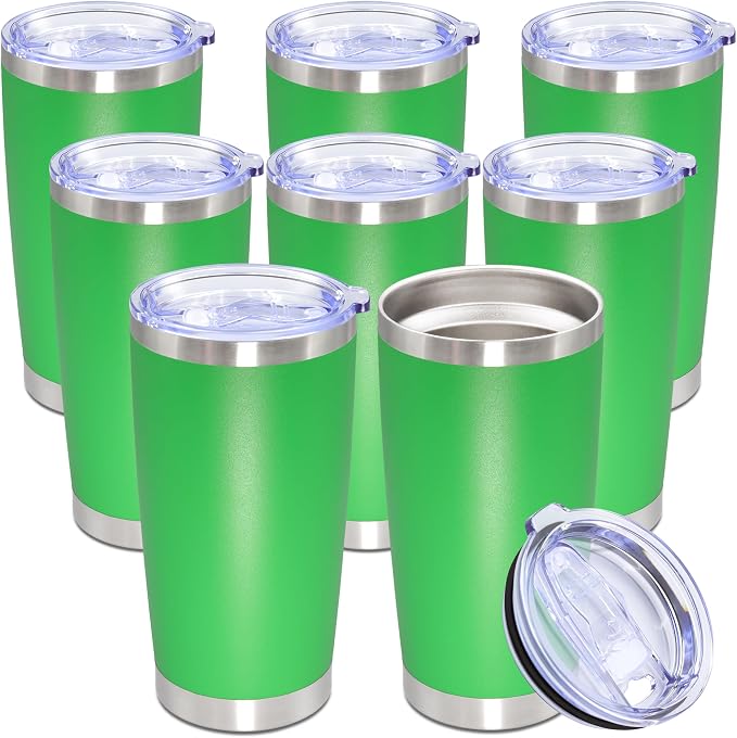 20oz Tumbler Bulk Stainless Steel Tumbler Cup with Lid Vacuum Insulated Double Wall Travel Mug, Durable Powder Coated Travel Coffee Tumbler Mug for Hot & Cold Drinks, Green,8 Pack by AUWBON