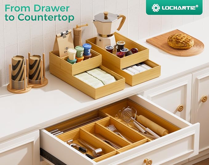 Small Bamboo Kitchen Drawer Organizer Boxes – 6" x 3" Stackable Wood Silverware - Image 7