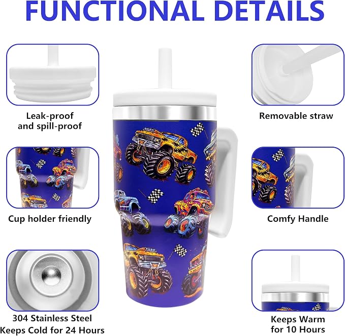 20-OZ Insulated Water Bottle,Insulated Stainless Steel Tumbler,Reusable Cold Drink Thermos,BPA-Free, Double-Wall Stainless Steel Water Bottle (Dark blue-Monster truck, 20, Fluid Ounces) - Image 3