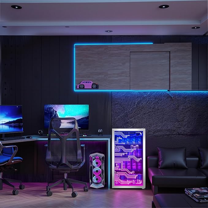 Cyberpunk Beverage Cooler, 130 Can Mini Fridge, LED Light Door, Gaming Room | Colorful LED Ambient Lighting, Freestanding for Bar & Party, Adjustable Shelves for Cans & Bottles - Image 5