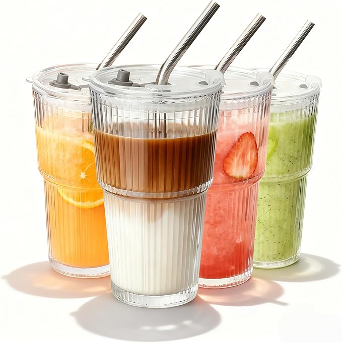 4 Packs Ribbed Glass Tumbler with Lid and Straw 16 oz Vintage Ice Coffee Cup Set Bulk Simple Modern for Smoothie Juice Matcha Tea Water Slushie Home Clear Hot Drink Glasses Boba Kitchen Glassware by Unknown