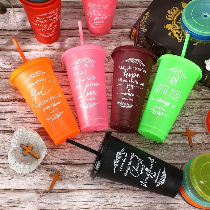 Havawish 36 Pcs Mothers Day Christian Tumbler Gift Bulk Religious Inspirational 24 oz Drinking Jesus Cup with Lid Straw Bible Verse Plastic Cup for Church Father Teacher First Communion (Colour) - Image 4