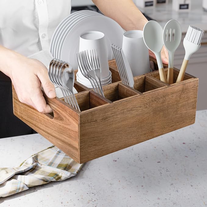 VaeFae Acacia Wood Caddy Organizer, Napkin and Paper Plate Holder, Wooden - Image 4