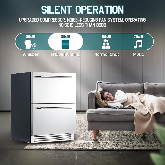 Albott 24 Inch Under Counter Drawer Fridge, Low Noise Beverage Refrigerator | Includes Stainless Steel Dual Drawers, LED Touch Control, Adjustable Storage, Frost-Free, 34-72℉ for Indoor or Outdoor Use - Image 7
