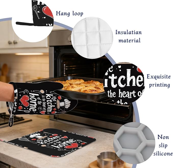 Funny Oven Mitts and Pot Holders Sets of 4 The Kitchen is The Heart of The Home - Image 4