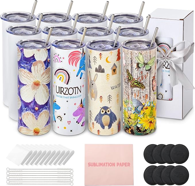 12 Pack 20oz Sublimation Tumbler Skinny Straight Bulk, Stainless Steel Double-Walled Insulated Sublimation Tumbler Blank for Heat Transfer, Gift Box by UIRZOTN