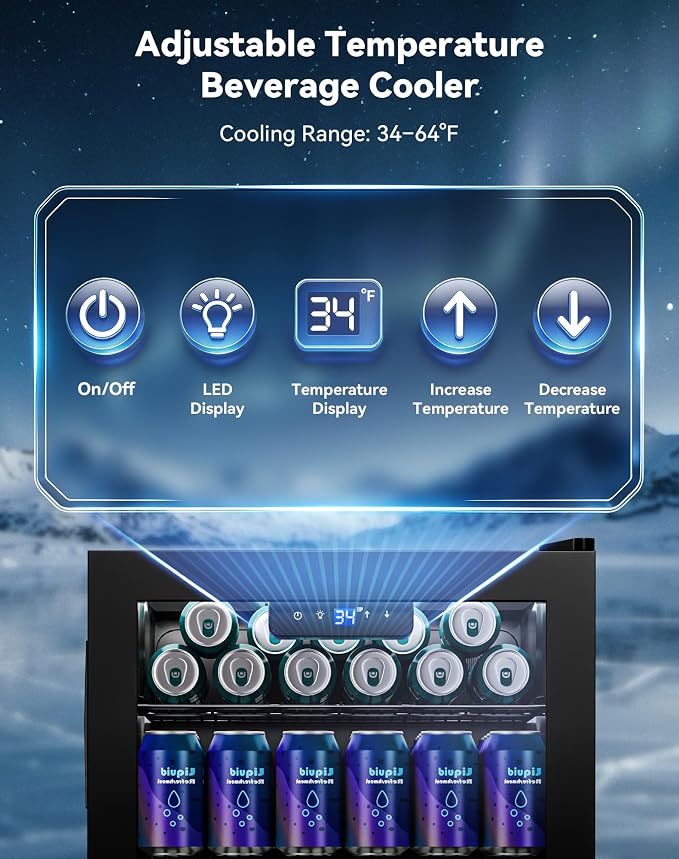 130 Can Beverage Refrigerator, Reversible Door, 3.2 Cu.Ft Drink Cooler | Glass Door, Adjustable Thermostat 34–64°F, Freestanding Beverage Fridge for Soda, Beer & Home Bar - Image 4