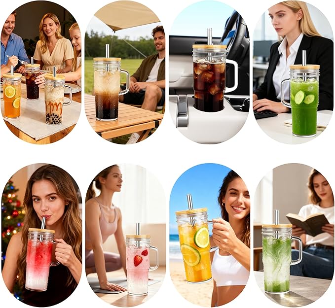 Birity Glass Cups with Lids and Straws,24oz Glass Tumbler With Handle,4 Pack Reusable Iced Coffee Cup with Lids-Mason Jar with Lid and Straw,Boba Cup for Cold & Hot Drinks,Smoothies Cup,Travel Mug - Image 6