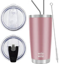 WETOWETO 20oz Insulated Stainless Steel Coffee Mug, Double Wall Vacuum Travel Mug with 2 Lids and 2 Straws, Powder Coated Tumbler Cup (Rose Gold,1) by Wetoweto