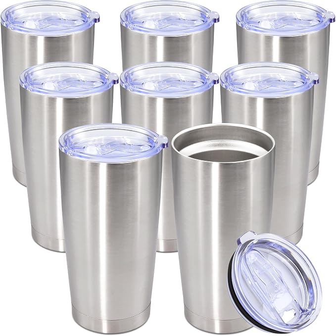 20oz Tumbler Bulk Stainless Steel Tumbler Cup with Lid Vacuum Insulated Double Wall Travel Mug, Durable Powder Coated Travel Coffee Tumbler Mug for Hot & Cold Drinks, Stainless Steel,8 Pack by AUWBON