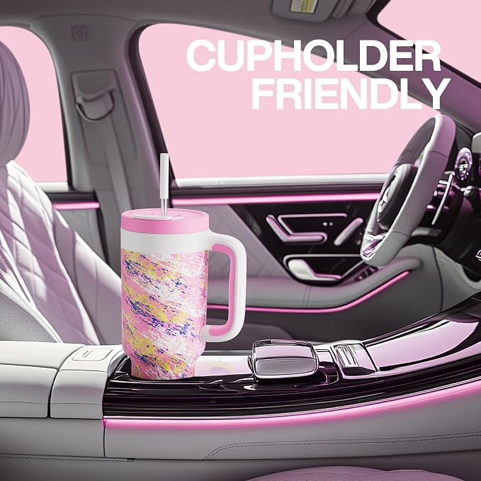 POWCAN 40 oz Tumbler with Handle, 2-in-1 Straw and Sip Lid, Leakproof, Dishwasher Safe, Insulated Stainless Steel Travel Coffee Mug, Keeps Cold for 34 Hours, Fits in Car Cup Holder (Pink Ladies) - Image 5