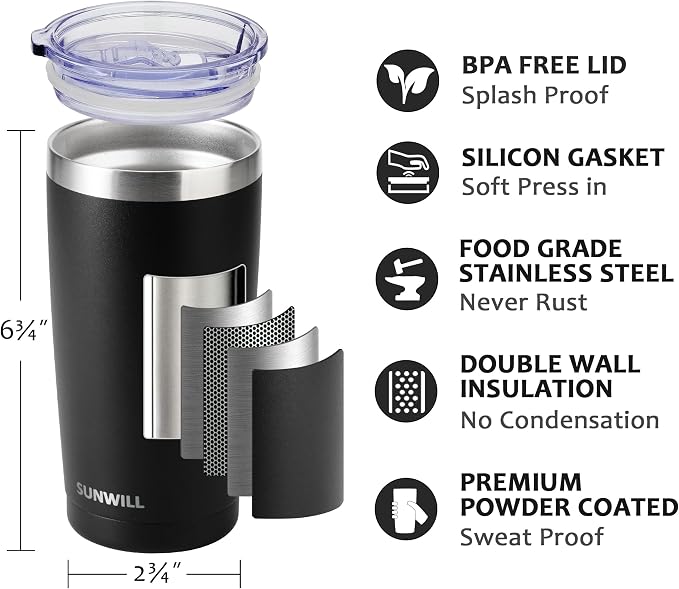 SUNWILL Travel Coffee Tumbler 20 oz, Insulated Mug with Lid, Stainless Steel Cup for Outdoor, Powder Coated Black - Image 2