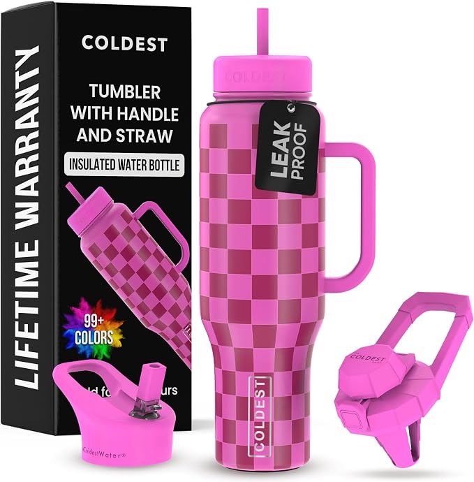 Coldest Tumbler with Handle and Straw, 100% Leak Proof Insulated Tumbler with Lid and Straw (3 Lids), Stainless Steel Tumblers for Women & Men, Cup Holder Friendly, 46 oz (Purple Checkers) by Coldest