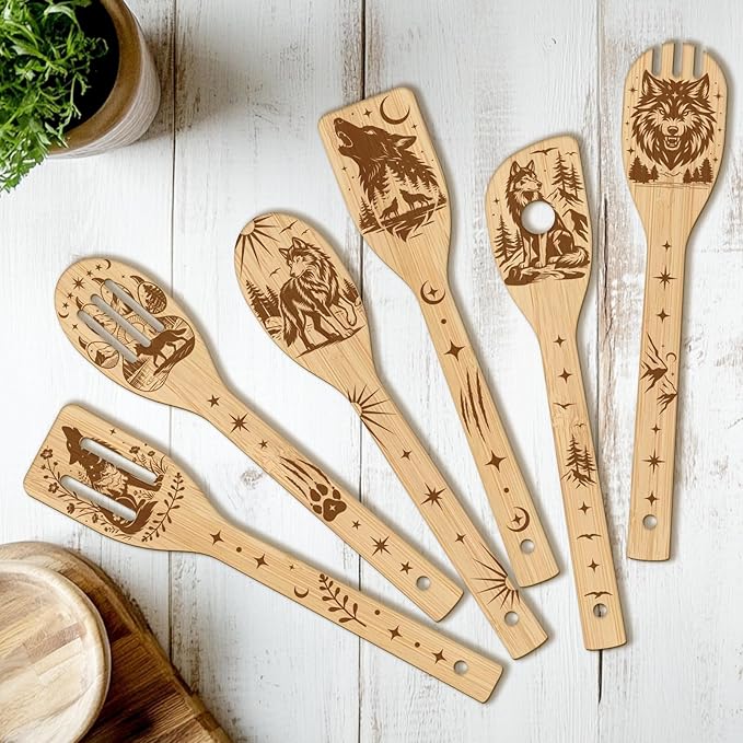 CUTHOLLOW 6PCS Wolves and Forest Wooden Kitchen Cooking Utensil Set, 11.9in Non by CUTHOLLOW