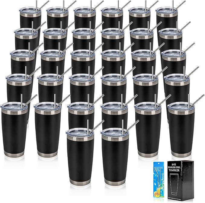 IEOVIEE 32 Pack, 20oz Stainless Steel Bulk Tumblers with Lids and Straws, Double Wall Insulated Travel Coffee Mug, Durable Powder Coated Tumbler Bulk Cup for Cold and Hot Drinks(Black) by IEVOIEE