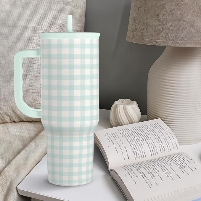 SANDJEST Mint Gingham 40oz Slider Tumbler with Handle and Straw - Insulated Stainless Steel Travel Coffee Mug for Women Girls, Gift for Birthday, Christmas - Image 7