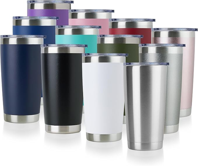 DOMICARE 20oz Stainless Steel Tumbler Bulk with Lid, Double Wall Vacuum Insulated Travel Mug, Powder Coated Coffee Cup, Mix, 12 Pack by VisittheDOMICARE