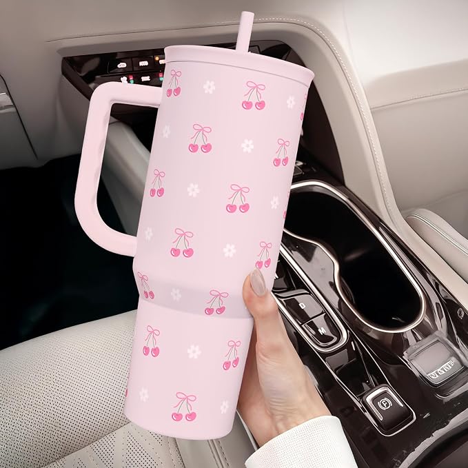 Cherry 40oz Slider Tumbler with Handle and Straw - Insulated Stainless Steel Travel Coffee Mug for Women Girls, Gift for Birthday Christmas - Image 8