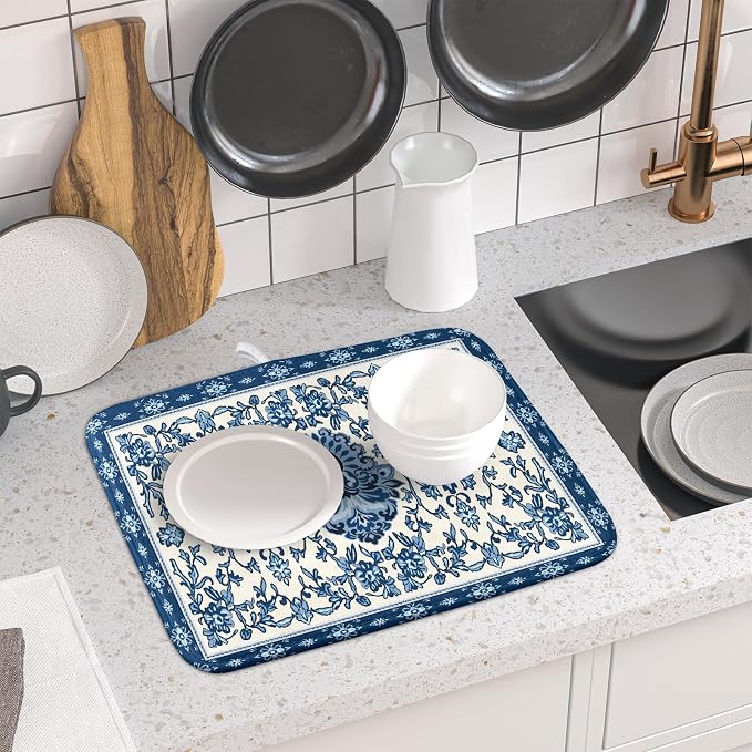 Blue Floral Dish Drying Mat for Kitchen Counter 16x18 Chinoiserie Flower Print - Image 6