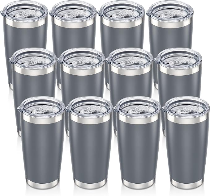 20 oz Tumbler with Lid Stainless Steel Insulated Tumblers Bulk Double Wall Vacuum Cups Powder Coated Travel Mug Keep Drinks Cold and Hot, Grey, 12 Pack by Orebigo