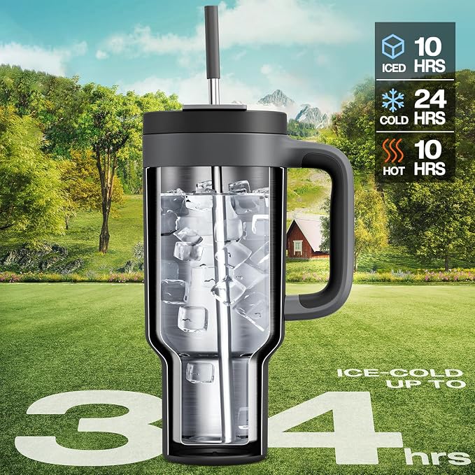 POWCAN 40 oz Tumbler with Handle, 2-in-1 Straw and Sip Lid, Leakproof, Dishwasher Safe, Insulated Stainless Steel Travel Coffee Mug, Keeps Cold for 34 Hours, Fits in Car Cup Holder (Midnight) - Image 2