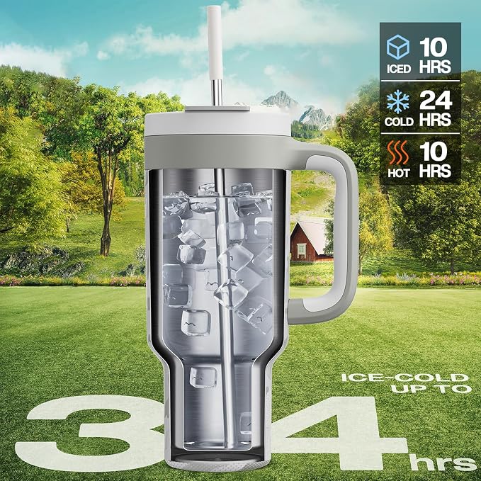 POWCAN 40 oz Camo Tumbler with Handle, 2-in-1 Straw and Sip Lid, Leakproof, Dishwasher Safe, Insulated Stainless Steel Travel Coffee Mug, Keeps Cold for 34 Hours, Car Cup Holder Fit (Clouded Aspen) - Image 2