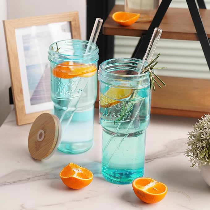 ANOTION Colored Glass Cups with Lids and Straws - 24oz Travel Coffee Mug Wide Mouth Mason Jar Iced Coffee Cup Smoothie Cup Glass Tumbler Tea Cup Clear Cute Water Cups Colorful Drinking Glasses - Image 6