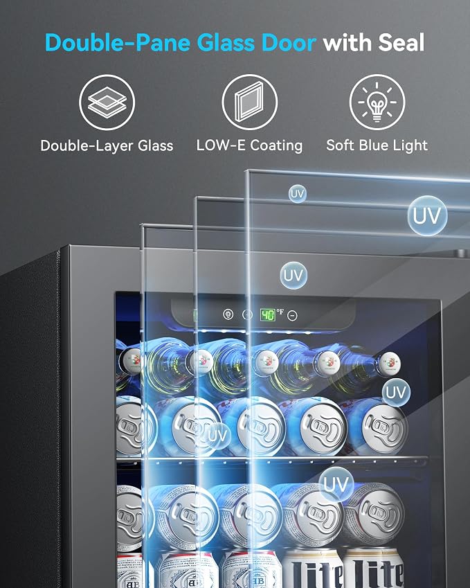 Feelfunn 50 Can Beverage Refrigerator, 1.3CuFt Mini Fridge with Glass Door | 40-61°F, ≤38dB, fast even cooling, removable shelf. For soda, beer, wine, 50 cans or 12 bottles in bedroom, office, dorm - Image 7